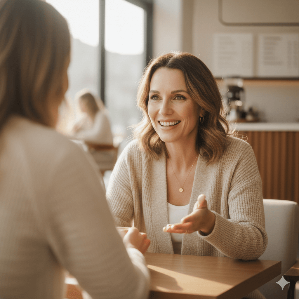 Woman confidently smiling in conversation